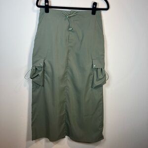 Gilipur Women Cargo Maxi Skirt Olive Green Pockets Slit Adjustable Skater Medium